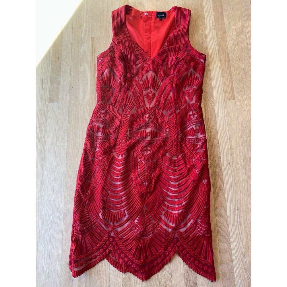 Bardot Red Cocktail wedding guest embroidered mesh lace Illusion dress 8 M